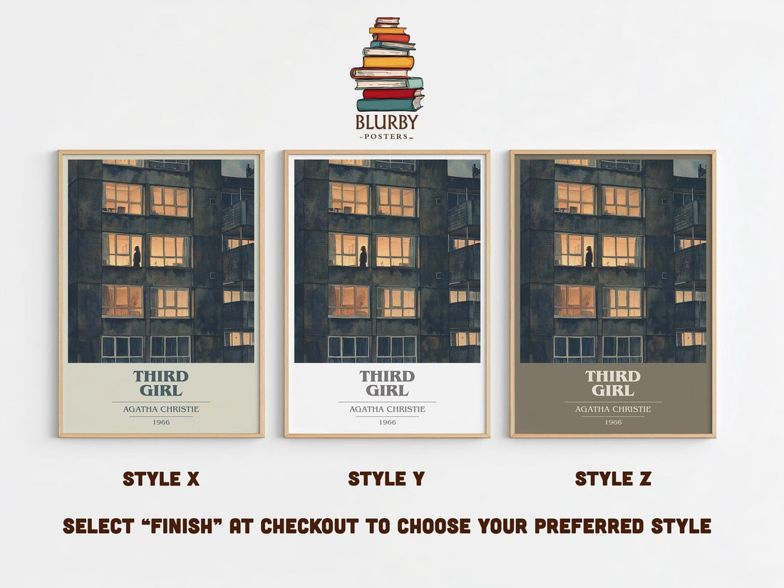 Third Girl book cover print in frame leaning in hallway – mystery wall art (mockup)