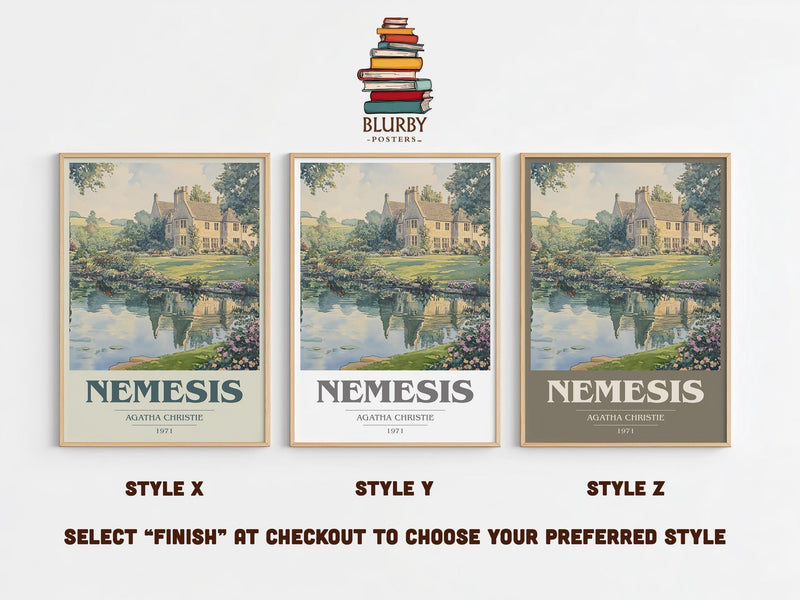 Nemesis book cover print in frame leaning in hallway – mystery wall art