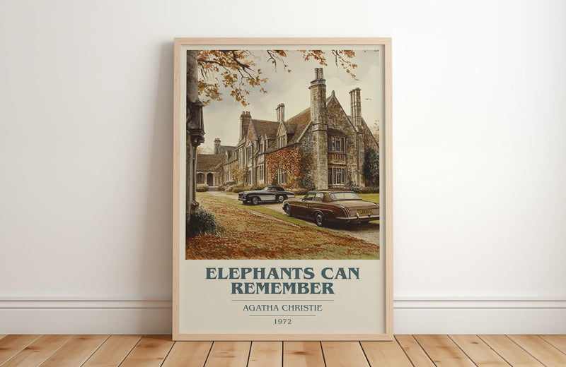 Elephants Can Remember book cover print in frame leaning in hallway – mystery wall art