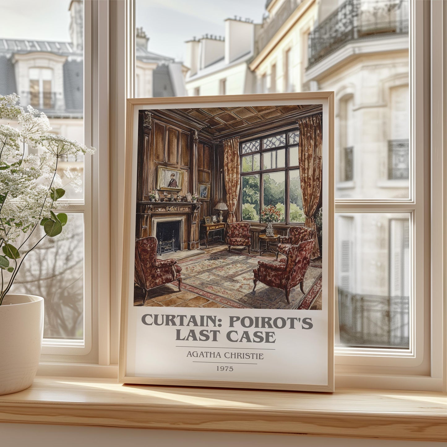 Curtain: Poirot's Last Case book cover print framed by window – literary home decor