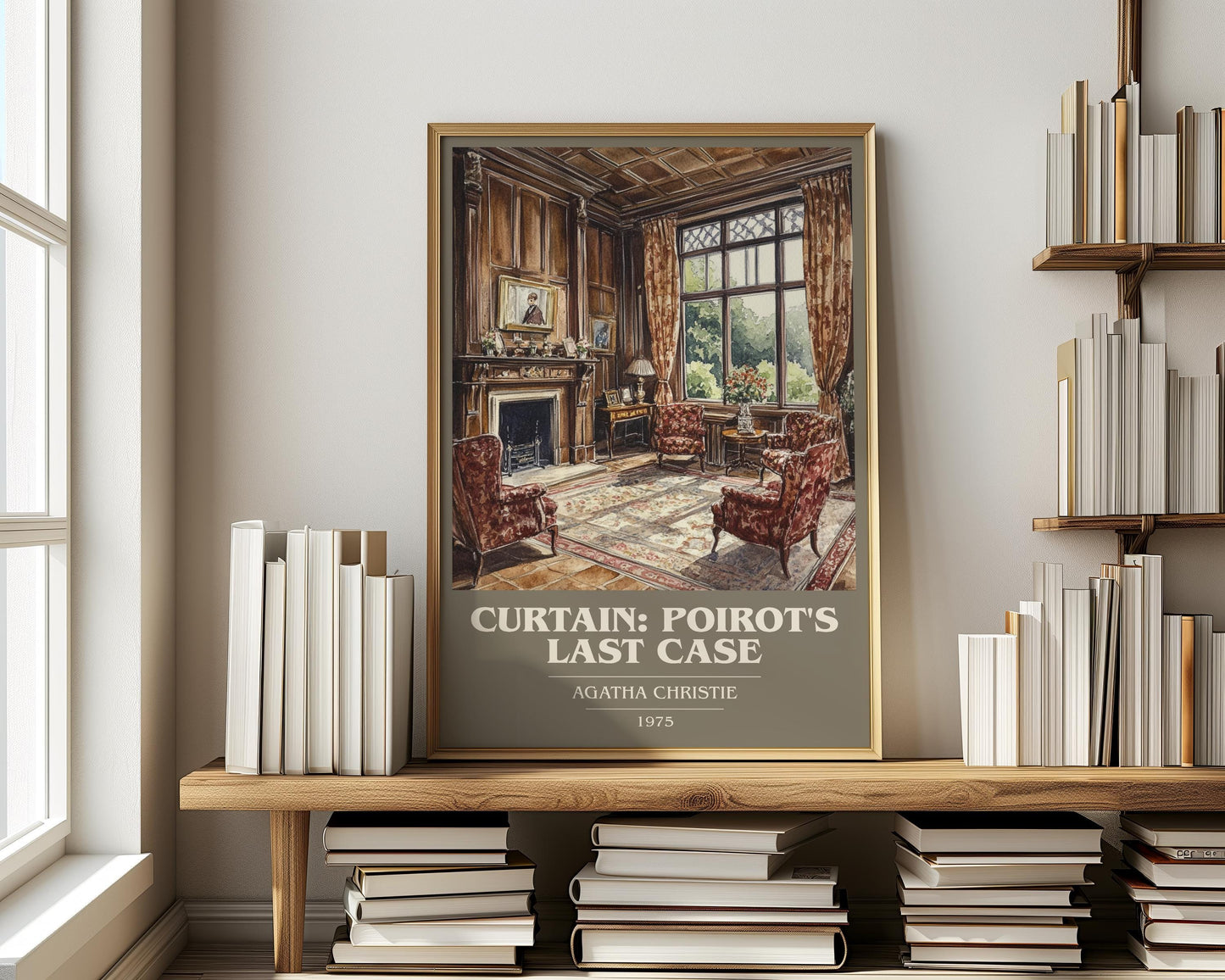 Curtain: Poirot's Last Case book cover print on bookshelf – Agatha Christie fan gift