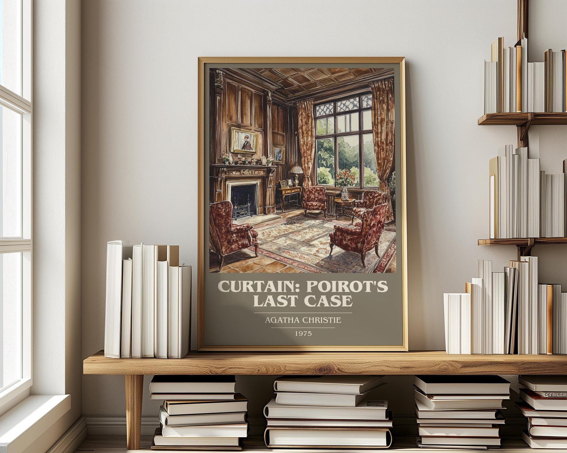 Curtain: Poirot's Last Case book cover print on bookshelf – Agatha Christie fan gift