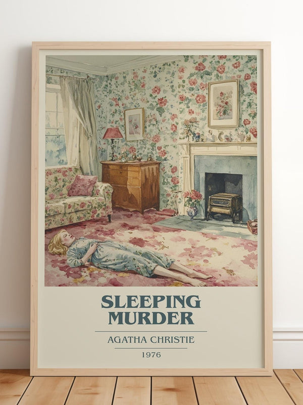 Sleeping Murder book cover print in frame leaning in hallway – mystery wall art