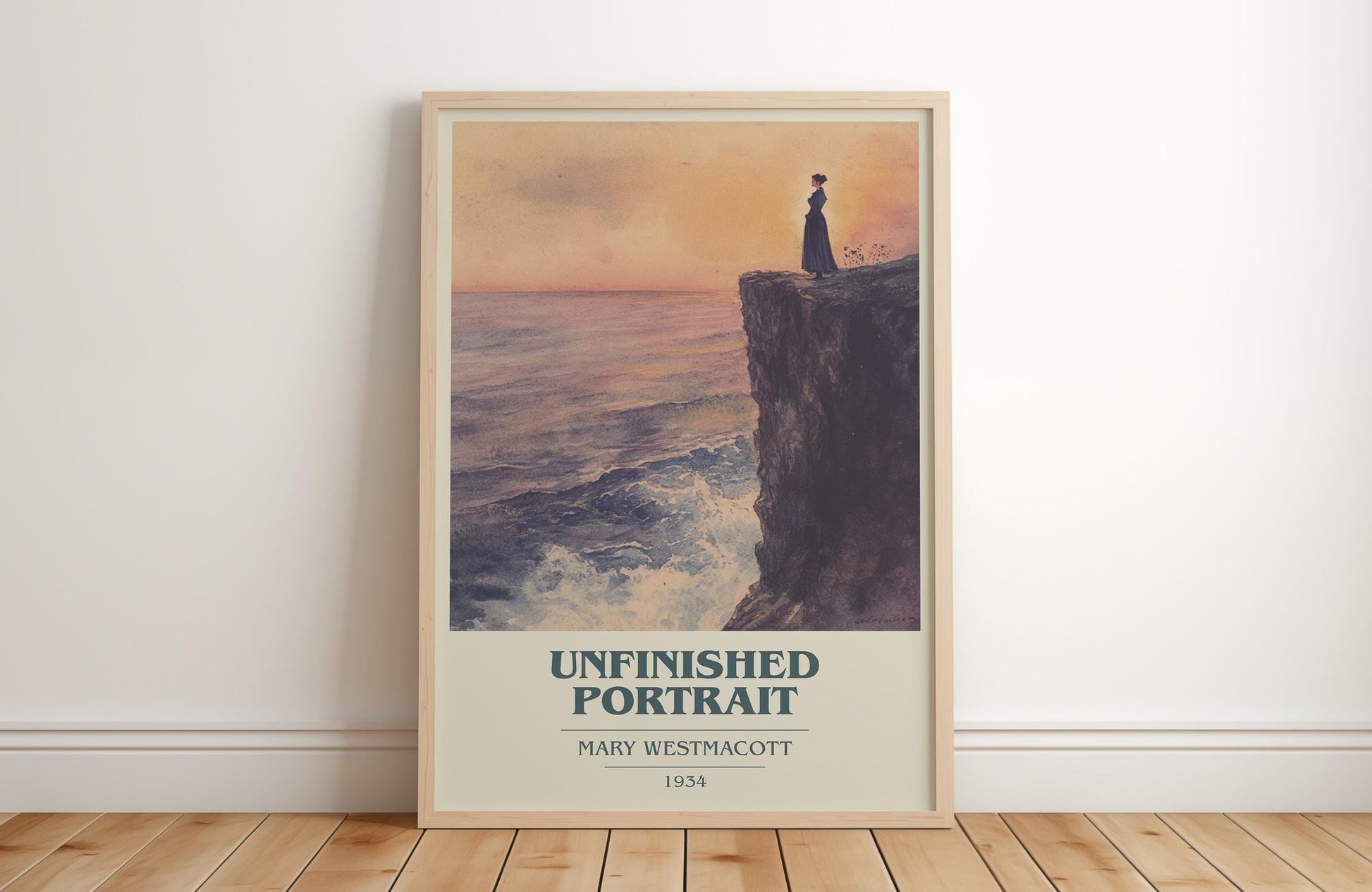Unfinished Portrait book cover print in frame leaning in hallway – romance wall art