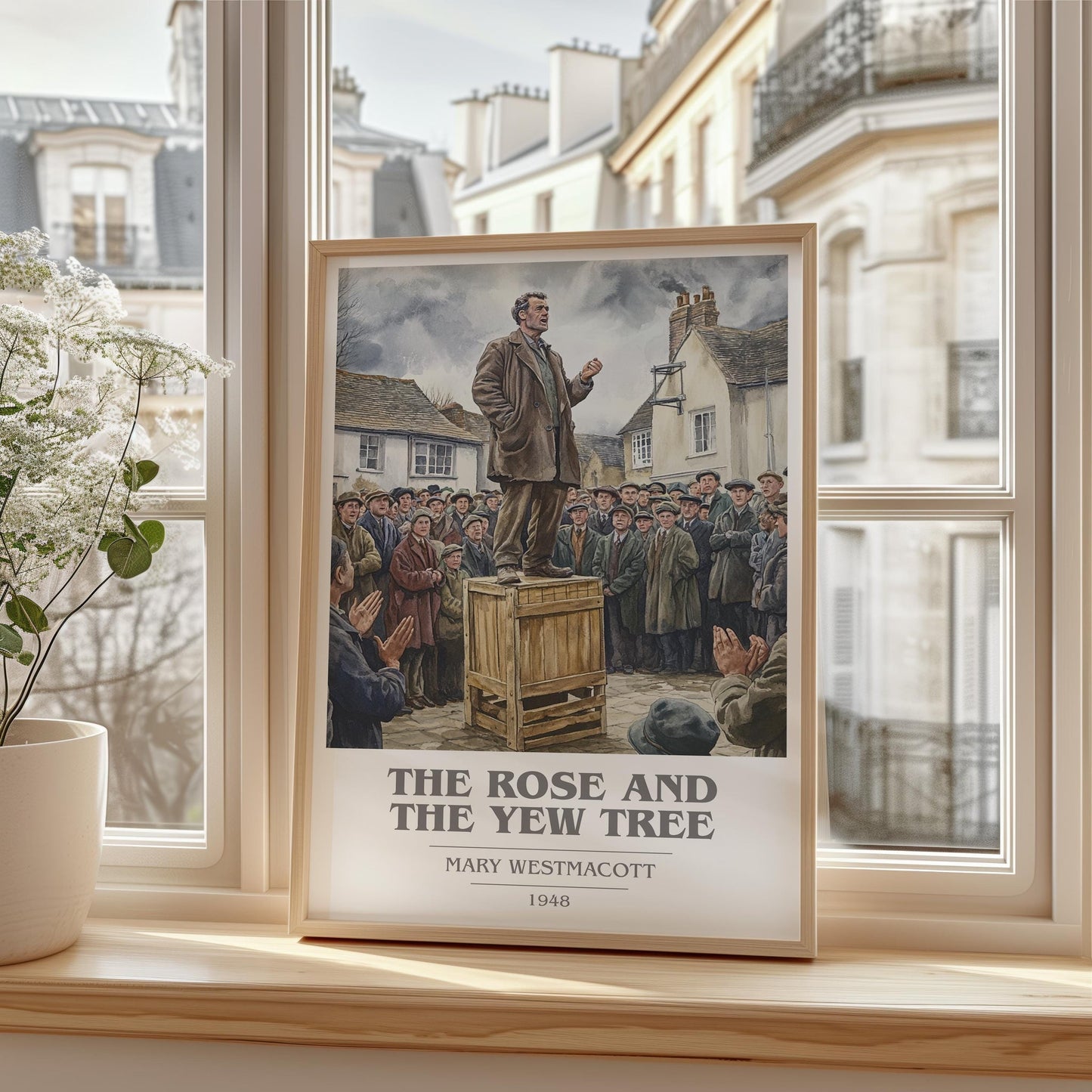 The Rose And The Yew Tree book cover print framed by window – literary home decor