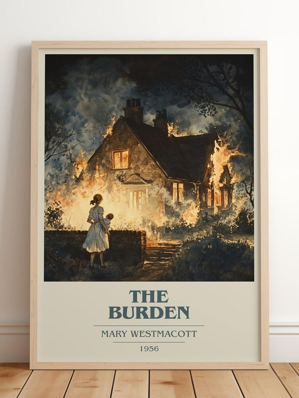 The Burden book cover print in frame leaning in hallway – romance wall art