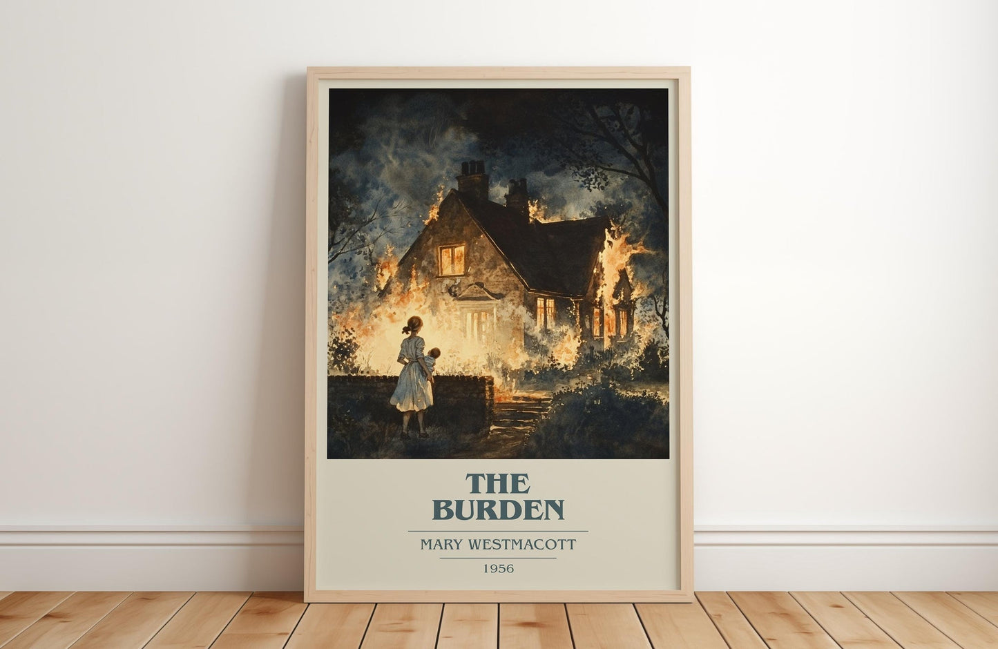 The Burden book cover print in frame leaning in hallway – romance wall art