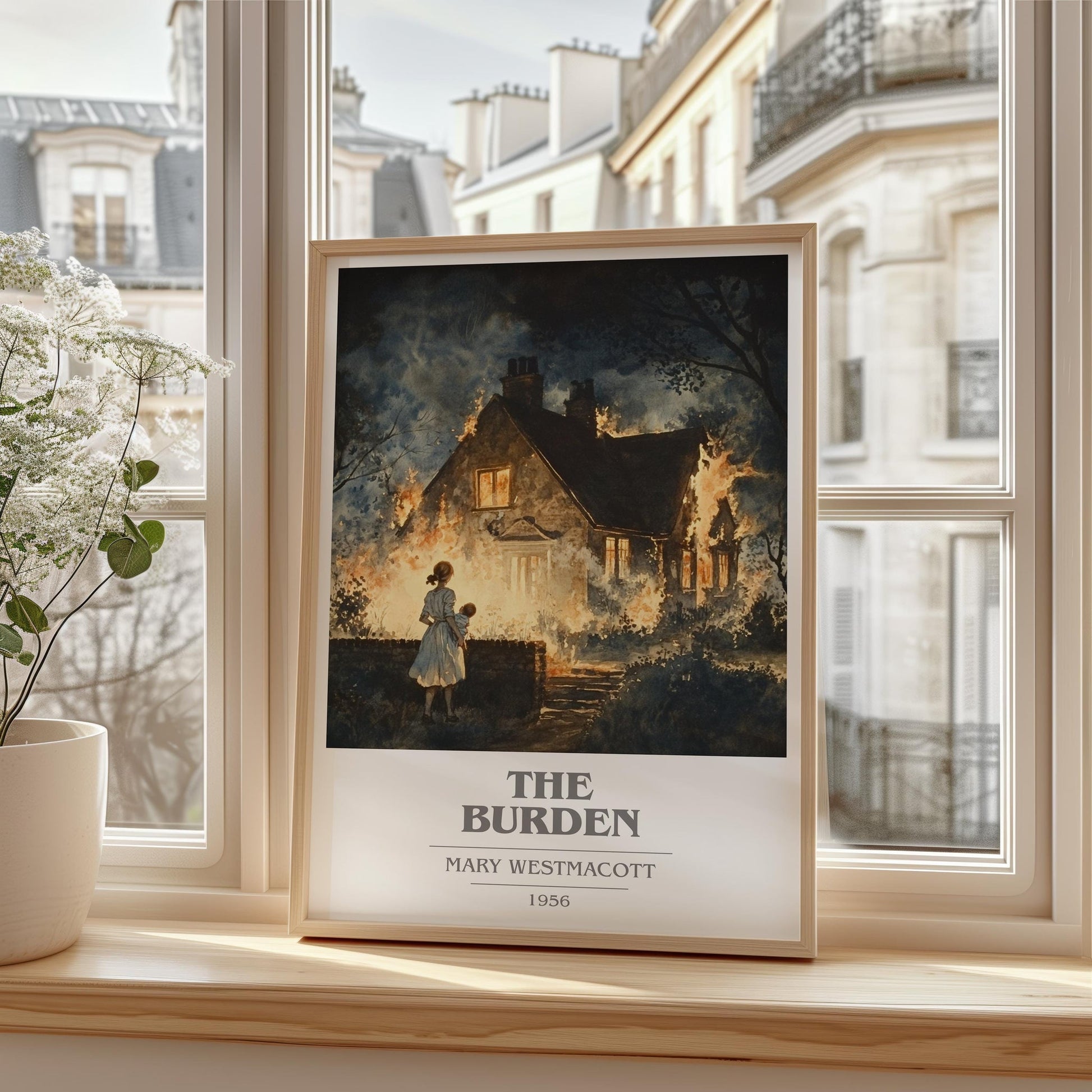 The Burden book cover print framed by window – literary home decor
