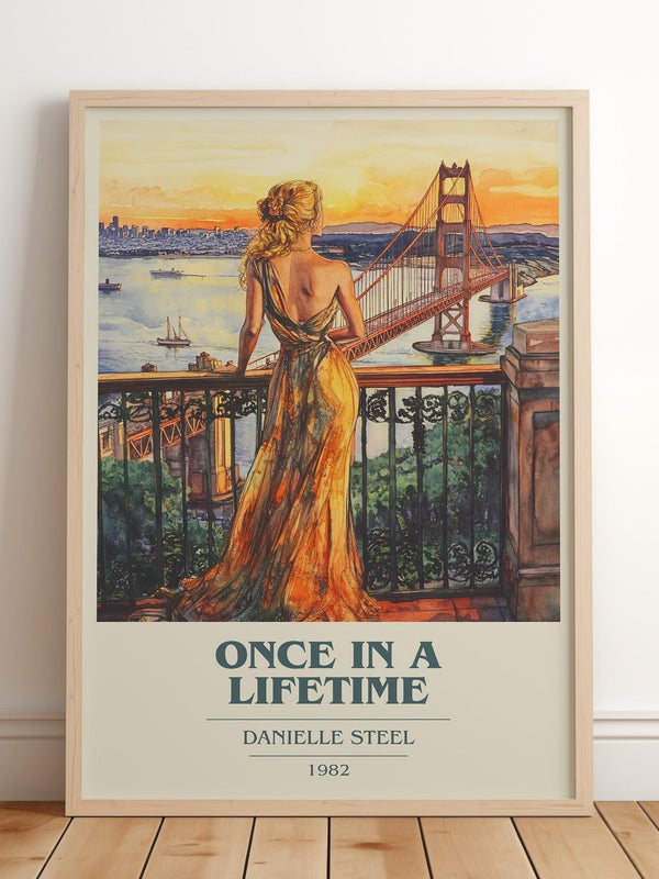 Once in a Lifetime book cover print in frame leaning in hallway – romance wall art