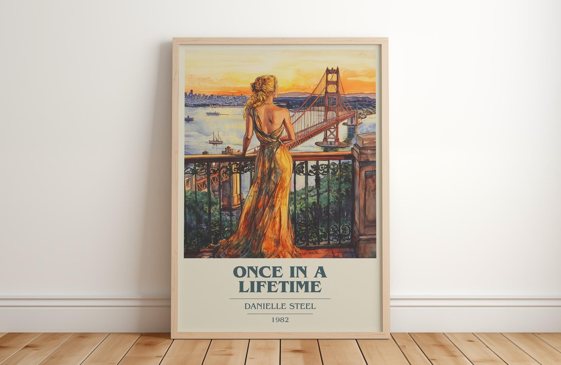 Once in a Lifetime book cover print in frame leaning in hallway – romance wall art