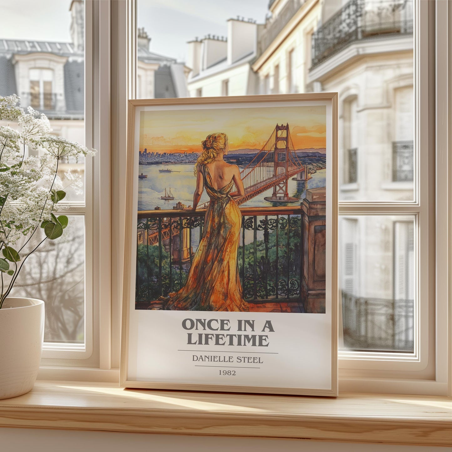 Once in a Lifetime book cover print framed by window – literary home decor