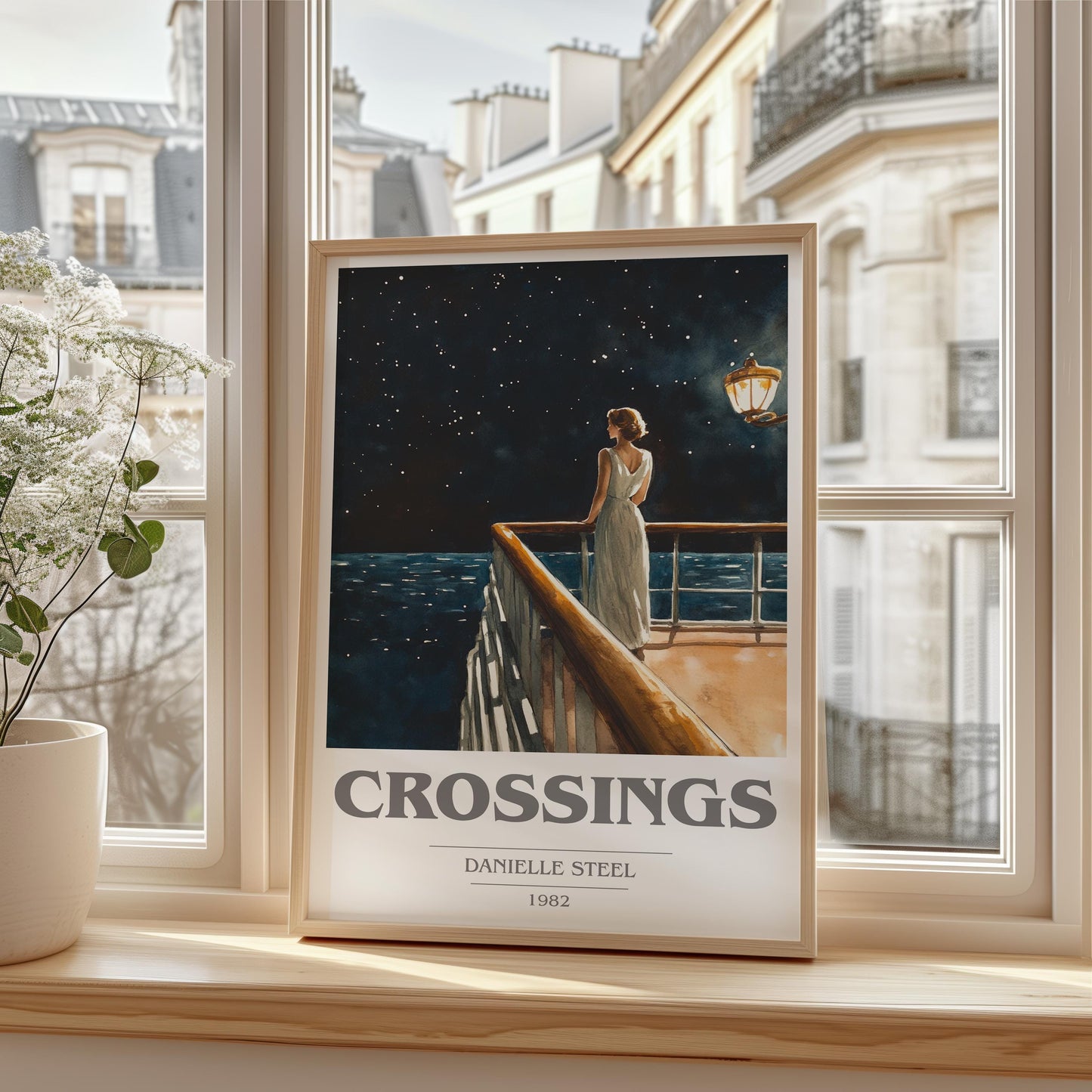 Crossings book cover print framed by window – literary home decor
