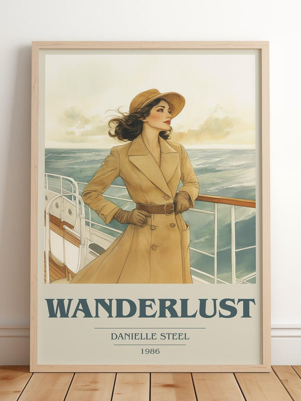 Wanderlust book cover print in frame leaning in hallway – romance wall art