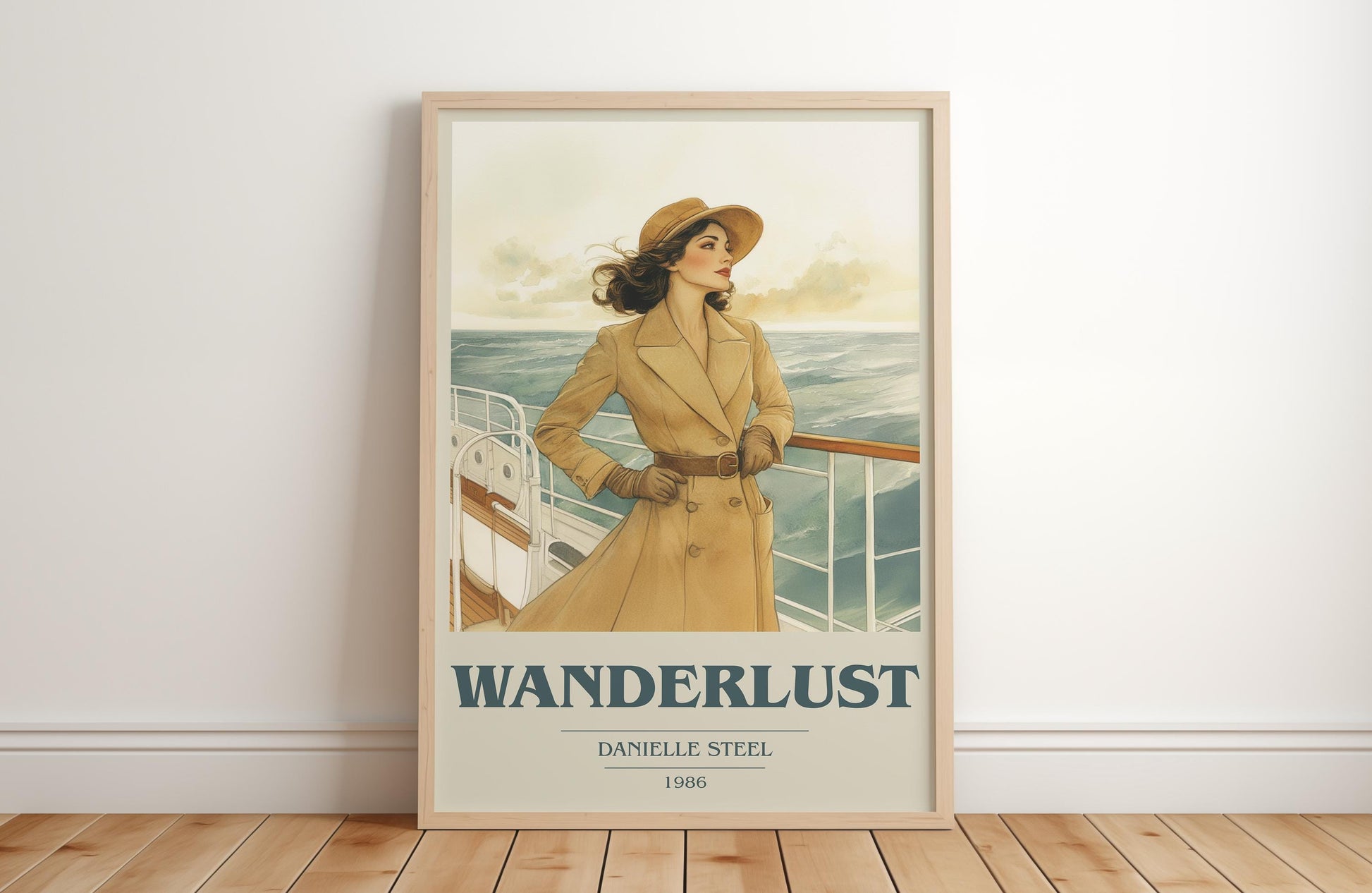 Wanderlust book cover print in frame leaning in hallway – romance wall art