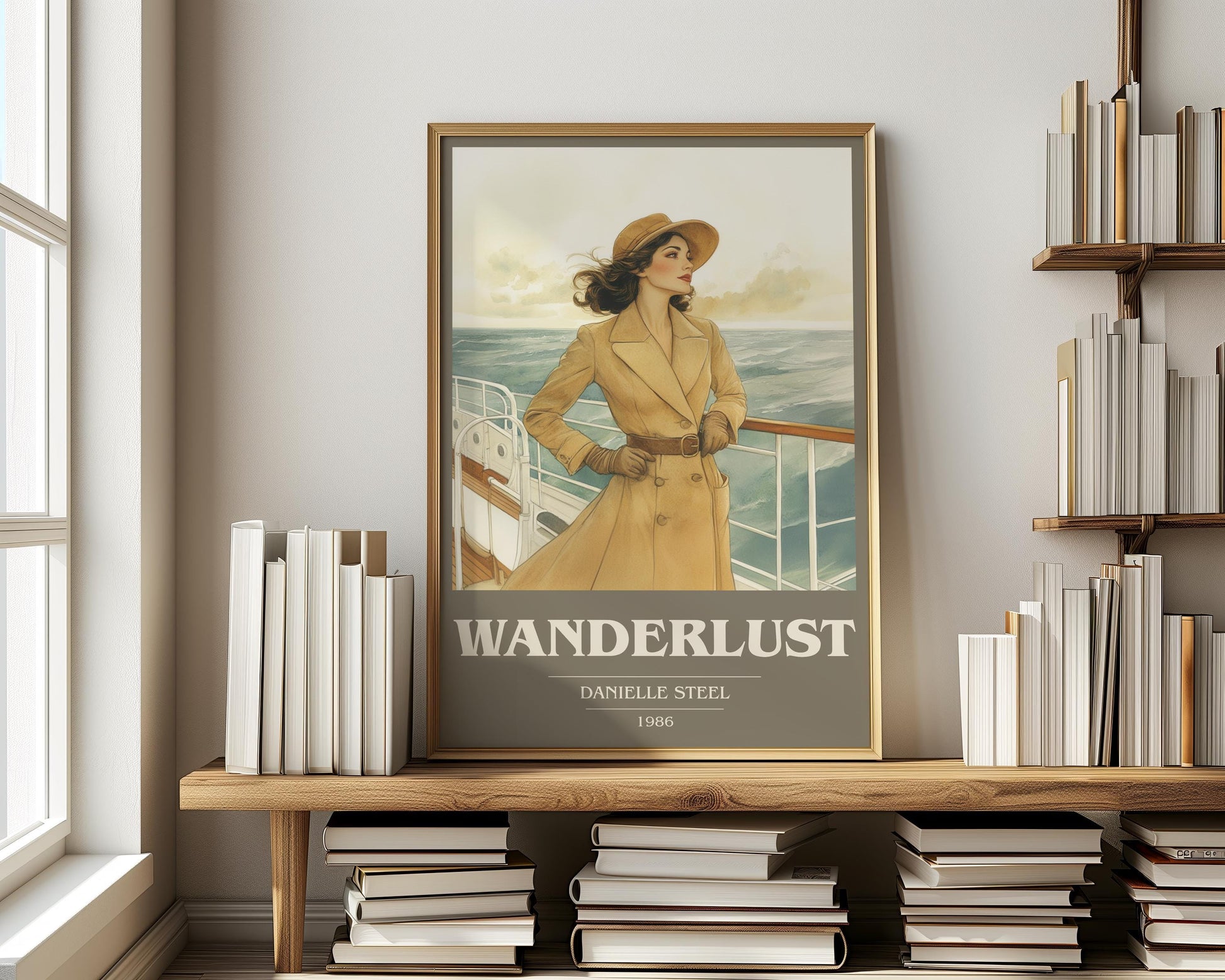 Wanderlust book cover print on bookshelf – Danielle Steel fan gift