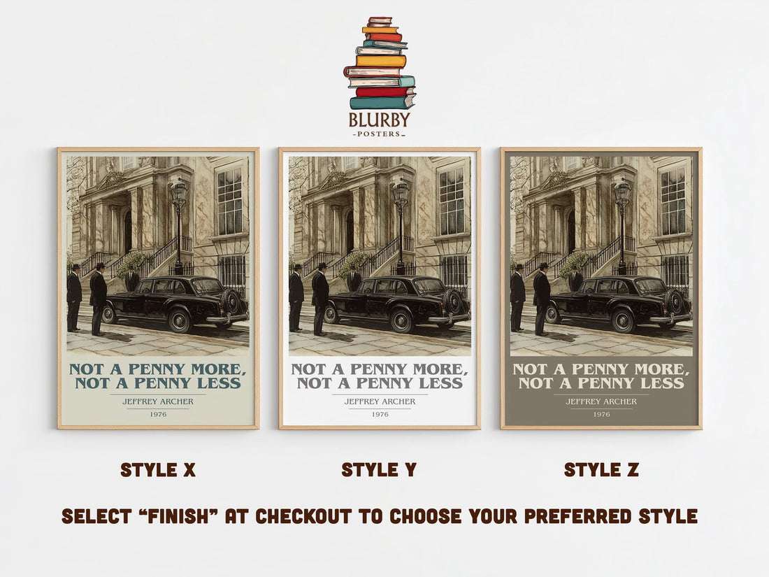 Not a Penny More, Not a Penny Less book cover print in frame leaning in hallway – thriller wall art (mockup)