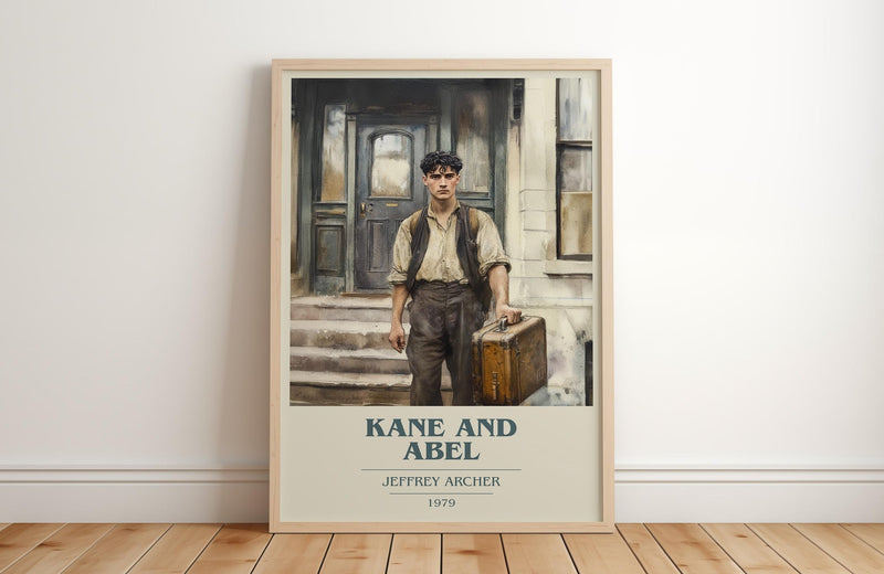 Kane and Abel book cover print in frame leaning in hallway – contemporary fiction wall art