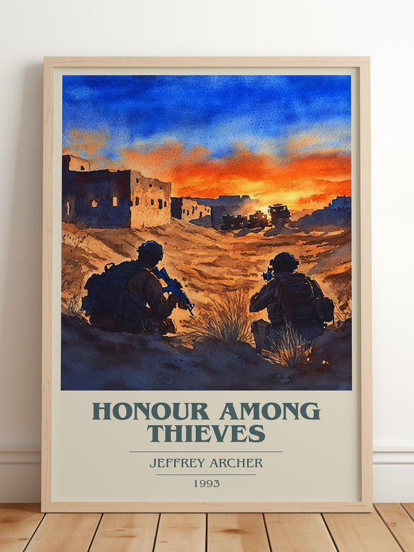 Honour Among Thieves book cover print in frame leaning in hallway – thriller wall art