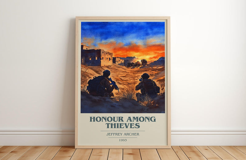 Honour Among Thieves book cover print in frame leaning in hallway – thriller wall art