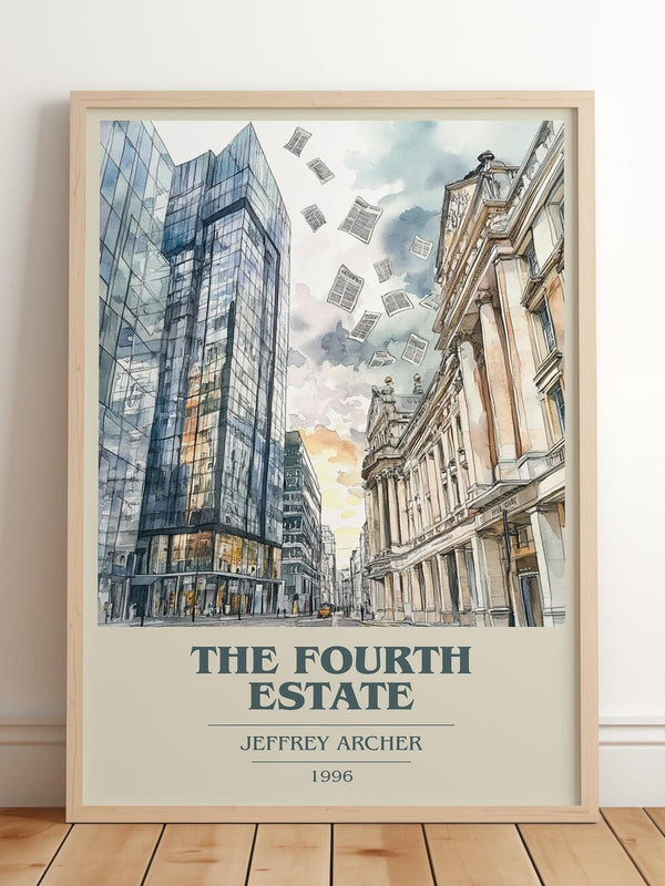 The Fourth Estate book cover print in frame leaning in hallway – contemporary fiction wall art