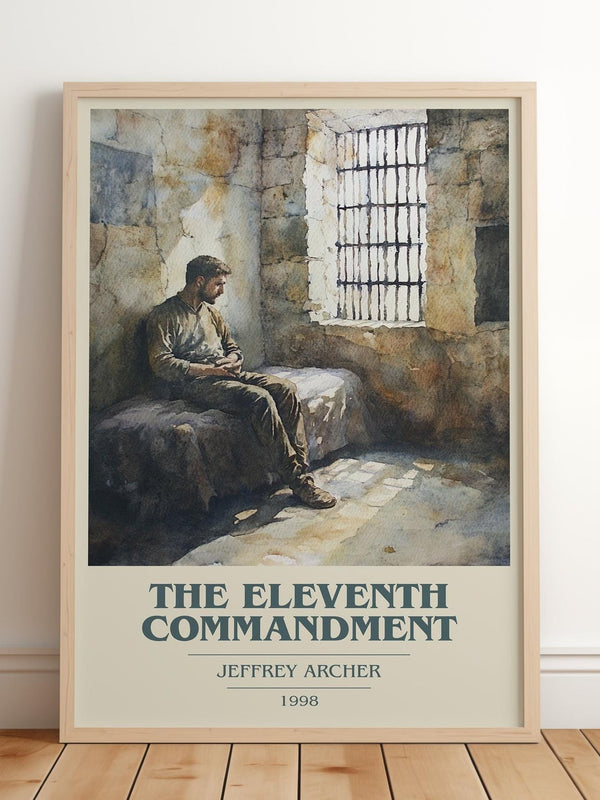 The Eleventh Commandment book cover print in frame leaning in hallway – thriller wall art