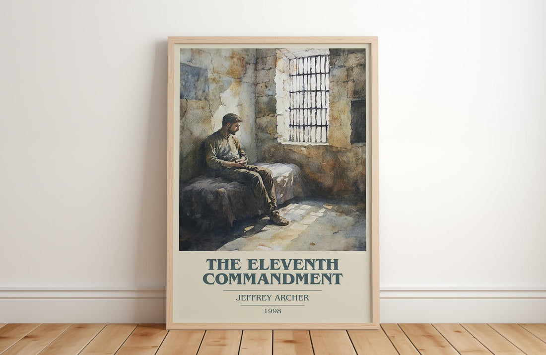 The Eleventh Commandment book cover print in frame leaning in hallway – thriller wall art (mockup)