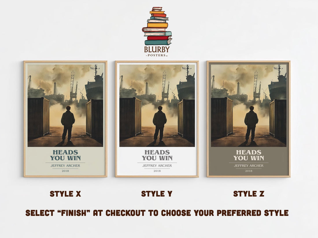 Heads You Win book cover print in frame leaning in hallway – thriller wall art (mockup)