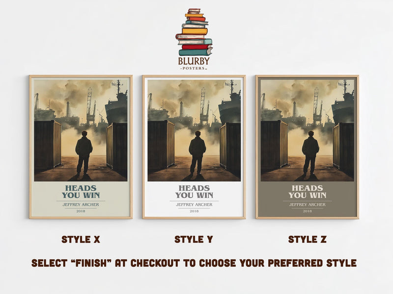 Heads You Win book cover print in frame leaning in hallway – thriller wall art