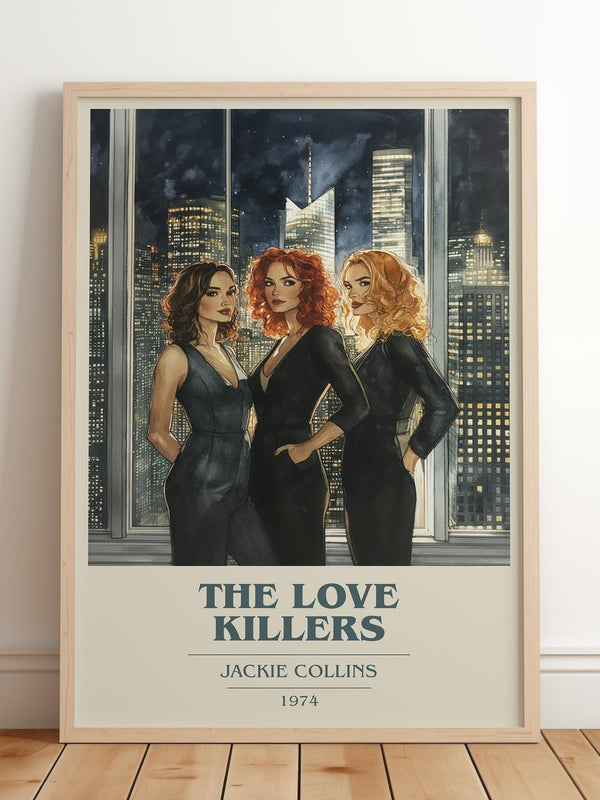 The Love Killers book cover print in frame leaning in hallway – thriller wall art