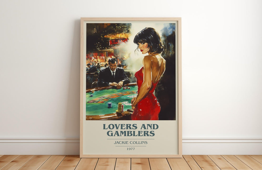 Lovers and Gamblers book cover print in frame leaning in hallway – romance wall art (mockup)