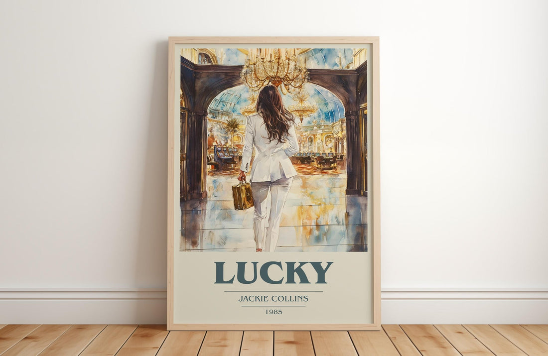 Lucky book cover print in frame leaning in hallway – romance wall art (mockup)