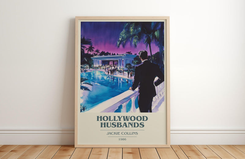 Hollywood Husbands book cover print in frame leaning in hallway – romance wall art
