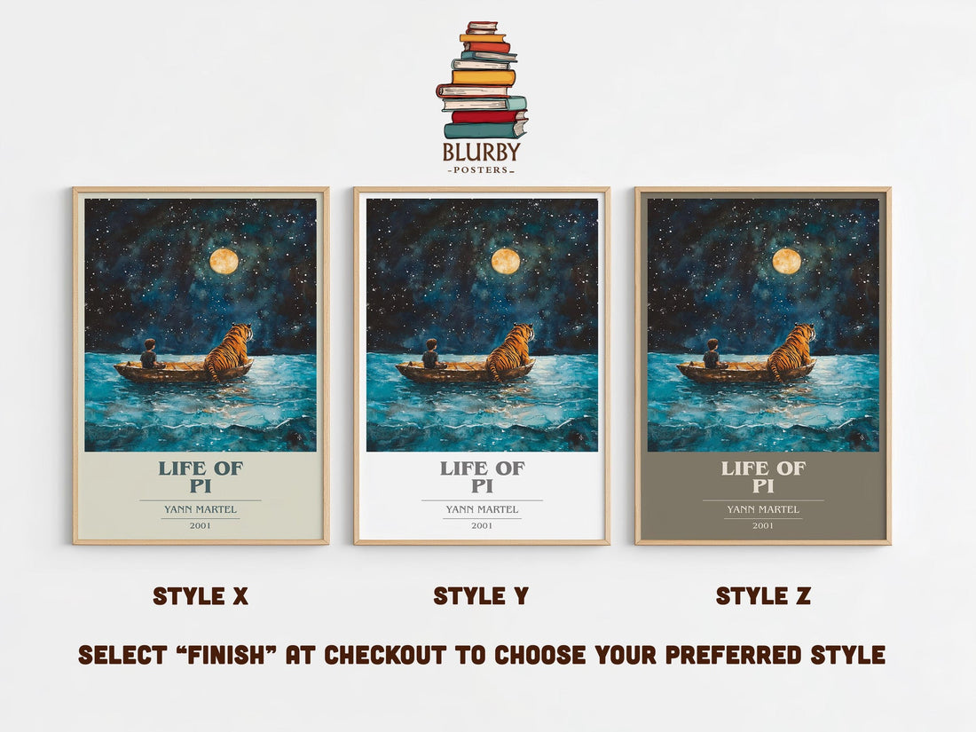 Life of Pi book cover print in frame leaning in hallway – literary fiction wall art (mockup)