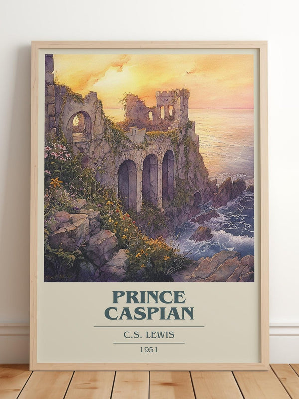 Prince Caspian book cover print in frame leaning in hallway – childrens wall art