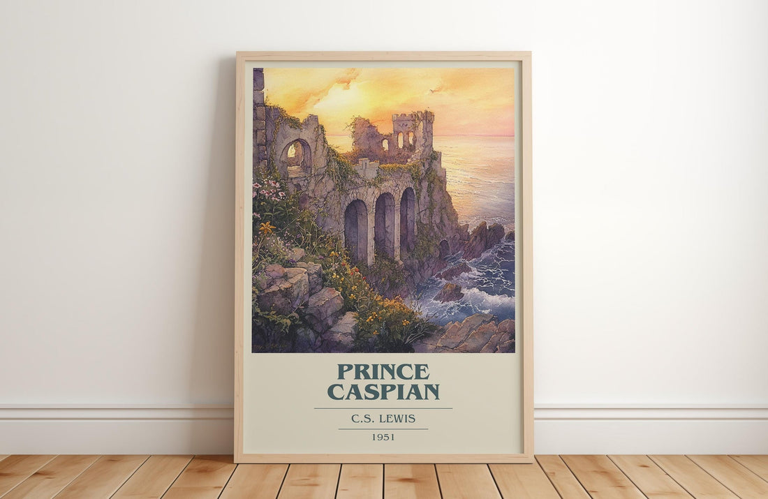 Prince Caspian book cover print in frame leaning in hallway – childrens wall art (mockup)