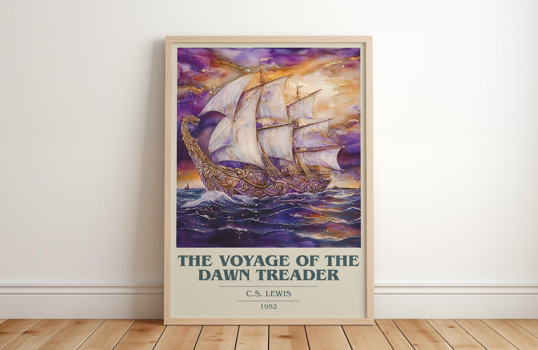 The Voyage of the Dawn Treader book cover print in frame leaning in hallway – childrens wall art