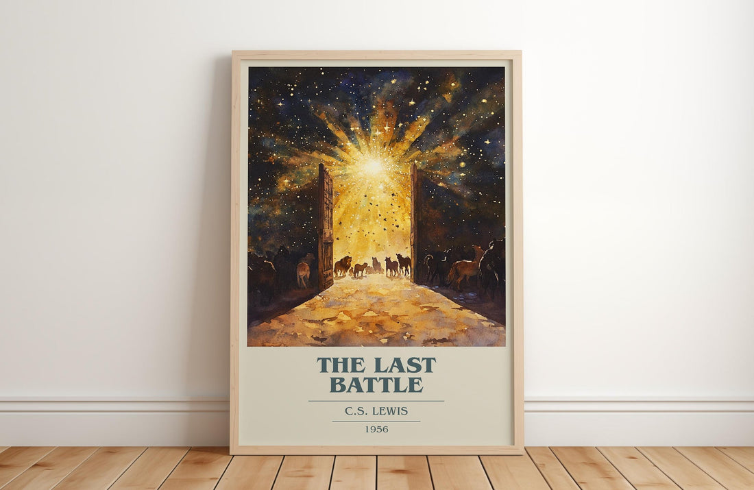 The Last Battle book cover print in frame leaning in hallway – childrens wall art (mockup)