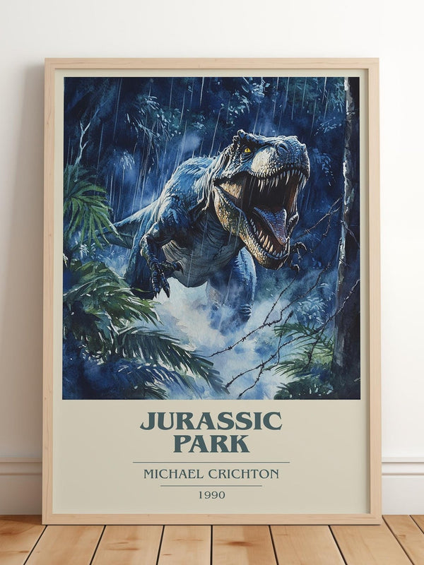 Jurassic Park book cover print in frame leaning in hallway – sci fi wall art
