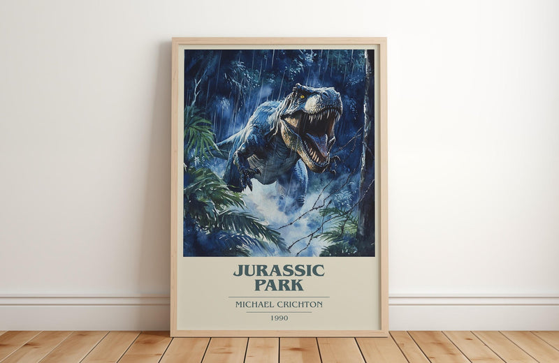 Jurassic Park book cover print in frame leaning in hallway – sci fi wall art