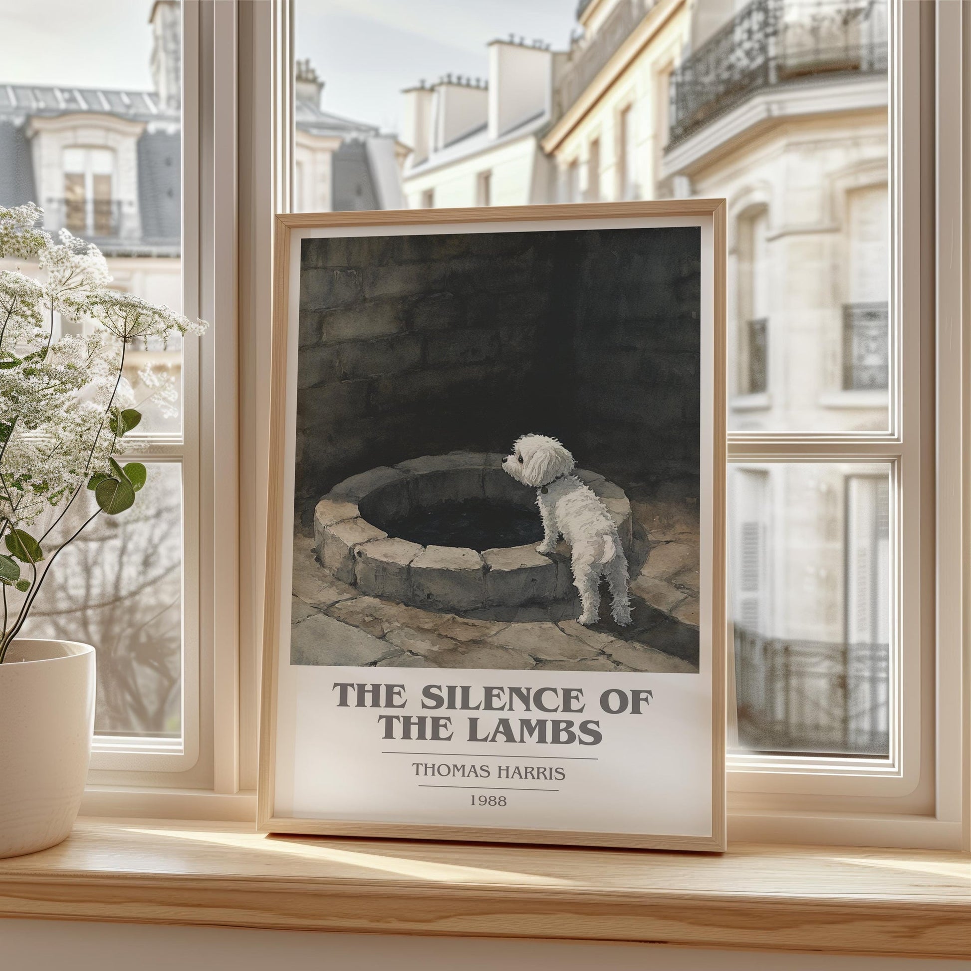 The Silence of the Lambs book cover print framed by window – literary home decor