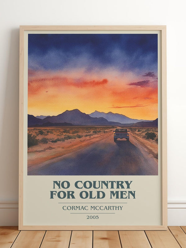 No Country For Old Men book cover print in frame leaning in hallway – thriller wall art