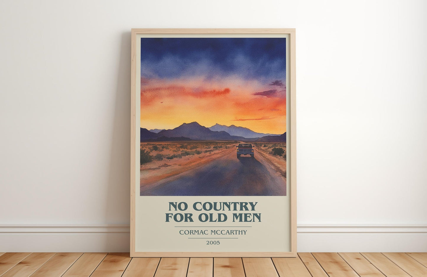 No Country For Old Men book cover print in frame leaning in hallway – thriller wall art