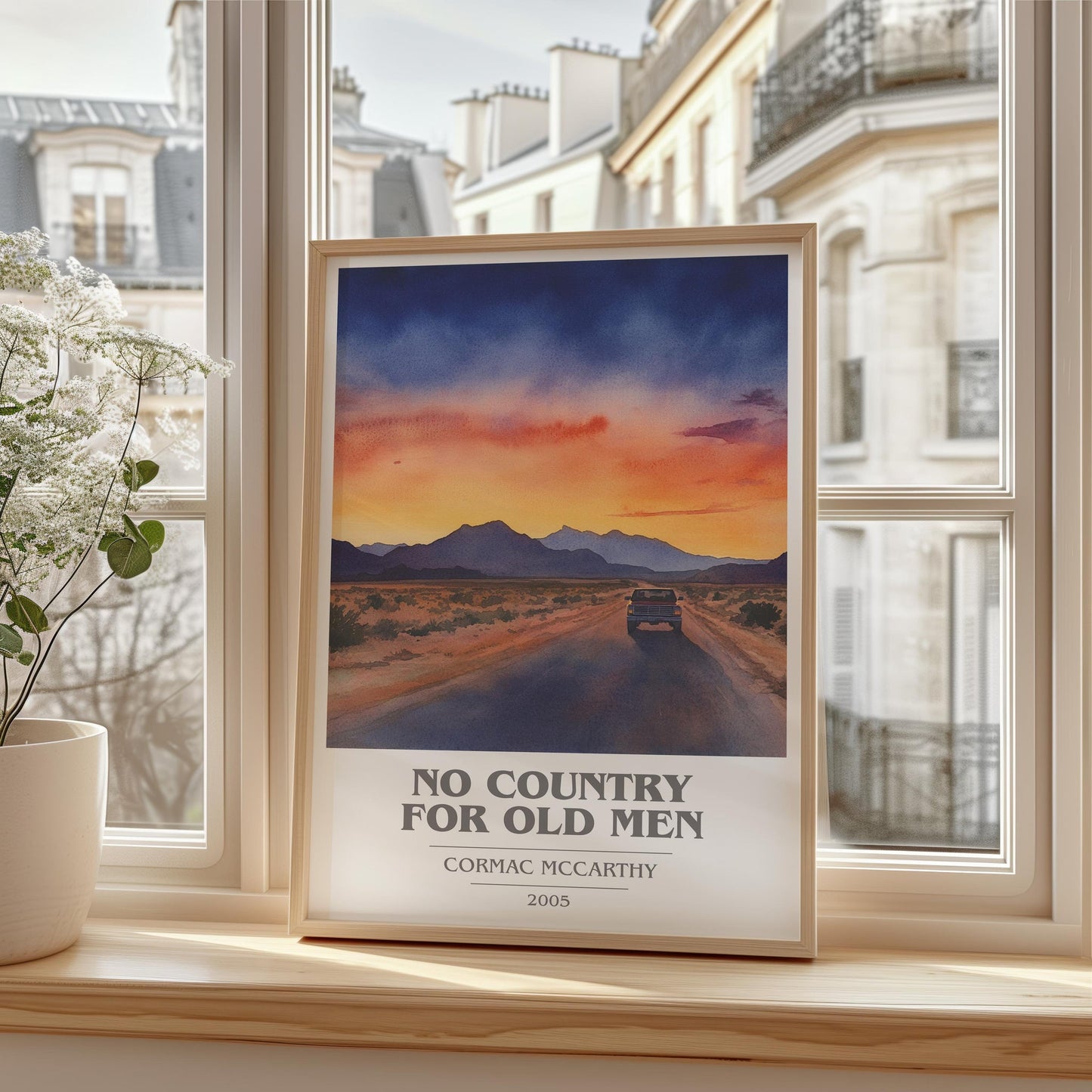 No Country For Old Men book cover print framed by window – literary home decor