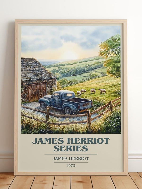 James Herriot Series book cover print in frame leaning in hallway – memoir wall art