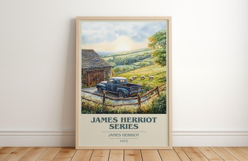 James Herriot Series book cover print in frame leaning in hallway – memoir wall art