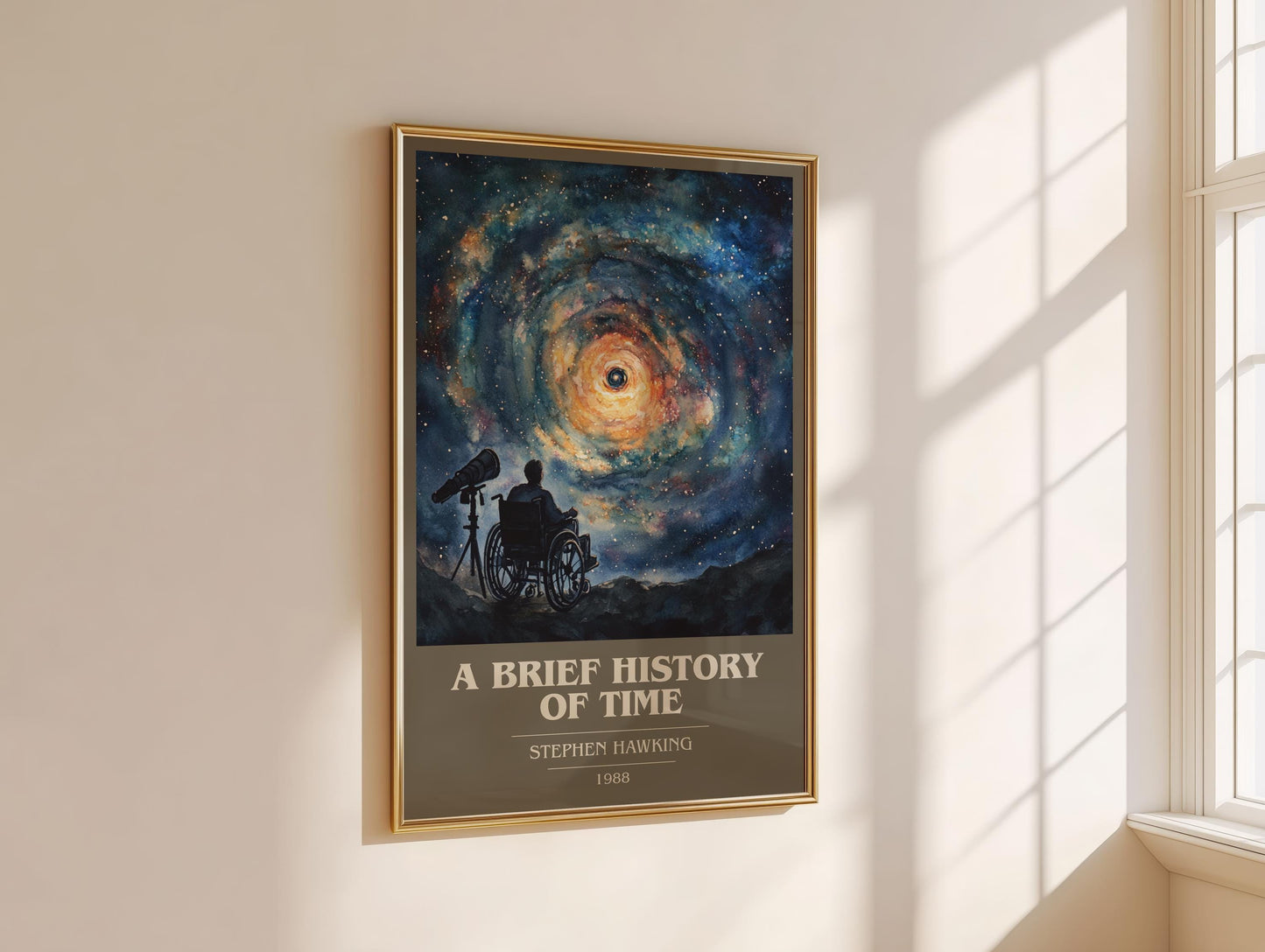 A Brief History of Time book cover print on bookshelf – Stephen Hawking fan gift