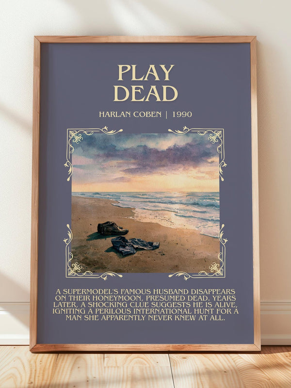 Play Dead minimalist print in frame leaning in hallway – thriller wall art