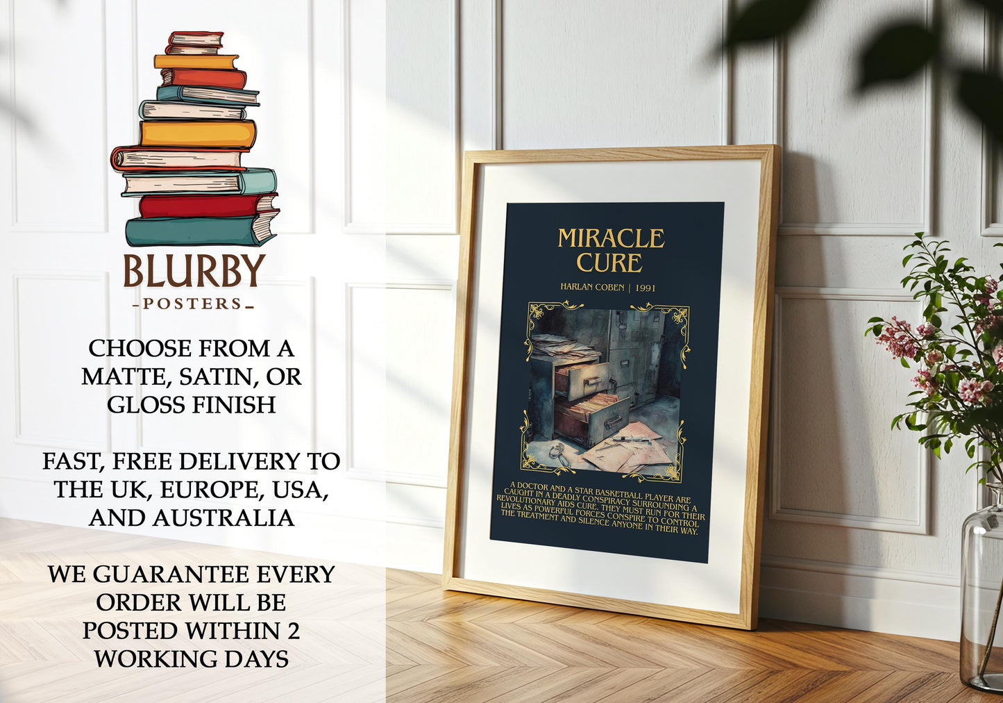 Miracle Cure by Harlan Coben Descriptive Poster Print. Free Delivery Wall Art Author & Blurb Book Artwork