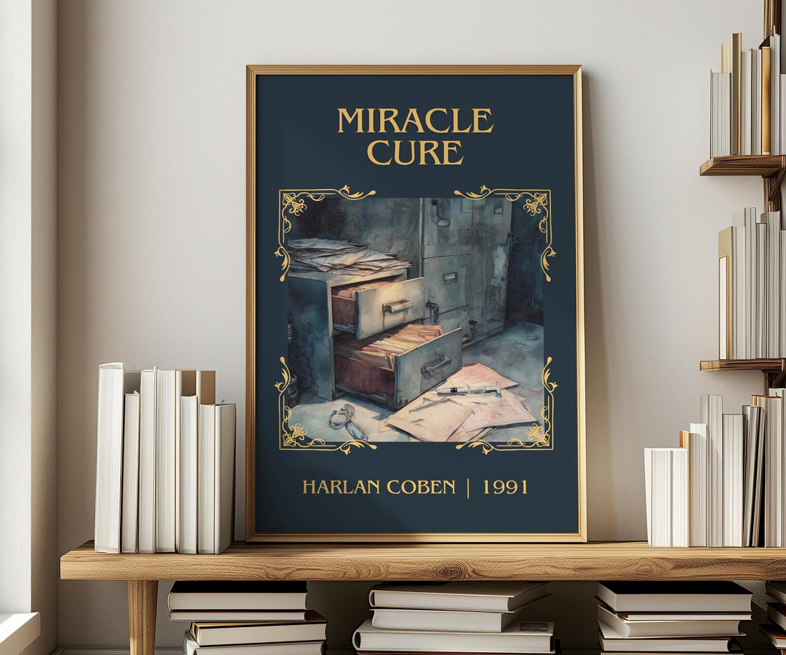 Miracle Cure classic book art print in frame leaning in hallway – thriller wall art (mockup)