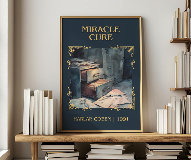 Miracle Cure classic book art print in frame leaning in hallway – thriller wall art